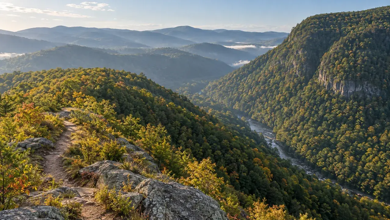 Illustrative wide view of wooded ridges and a valley in soft morning light